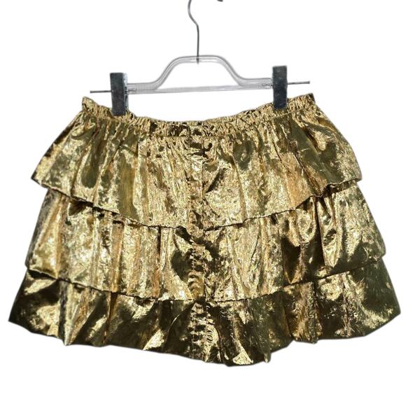 LoveShackFancy Kylie Mini Skirt Miami Glow Gold Lame Tiered Ruffle Size 69 NEW - Picture 3 of 12